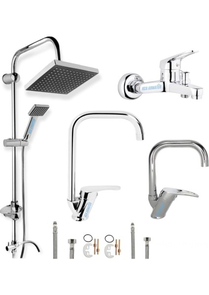 Robot Duş Sistemi Banyo Lavabo Mutfak Musluğu Çeşmesi Bataryası 4'lü Ful Set