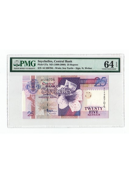 Seychelles 25 Rupees Nd (1998-2008) Pick # 37A Pmg 64 Epq – Unc Banknot fiyatları