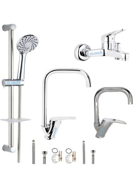 Mutfak Eviye Lavabo Banyo Sürgülü Duş Sistemi 4'lü Ful Set Sıcak Soğuk Girişli