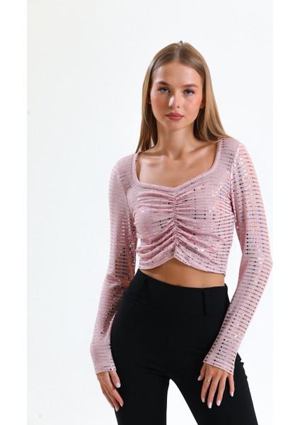 Uzun Kol Önü Lastik Büzgülü Buzi Payet Bluz BLZ34189 Pembe