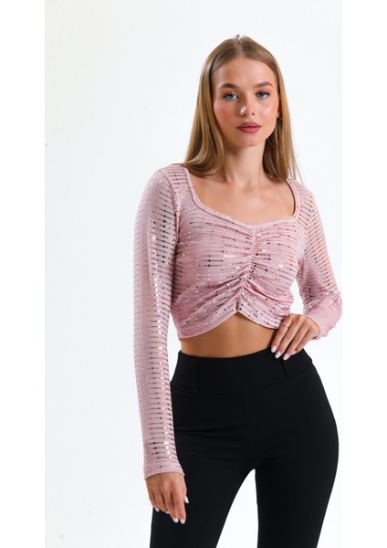 Uzun Kol Önü Lastik Büzgülü Buzi Payet Bluz BLZ34189 Pembe