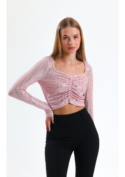 Uzun Kol Önü Lastik Büzgülü Buzi Payet Bluz BLZ34189 Pembe
