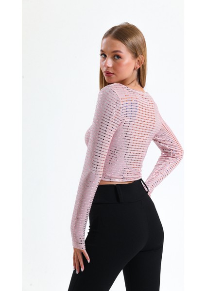 Uzun Kol Önü Lastik Büzgülü Buzi Payet Bluz BLZ34189 Pembe indirimleri