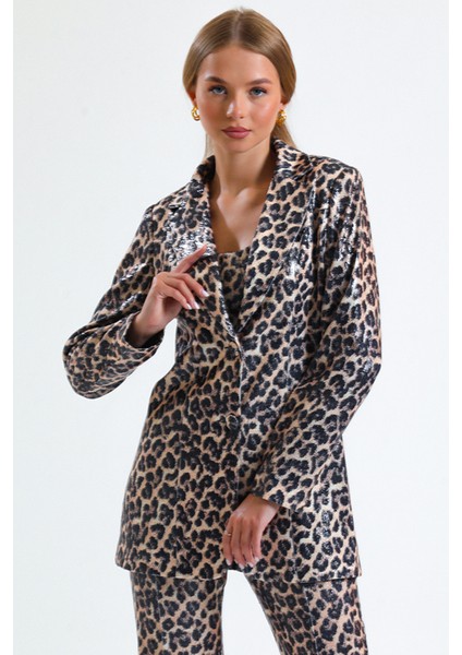 Ici Astarlı Leopar Desenli Abiye Pul Payet Ceket | CKT34264