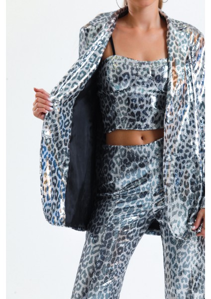 Ici Astarlı Leopar Desenli Abiye Pul Payet Ceket | CKT34264 Siyah Beyaz Leopar