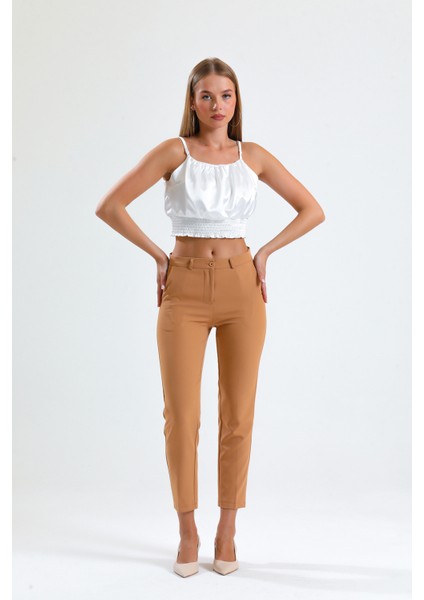 Pantolon - Bilekte Atlas Kumas Pantolon | PNT19003 Camel modelleri