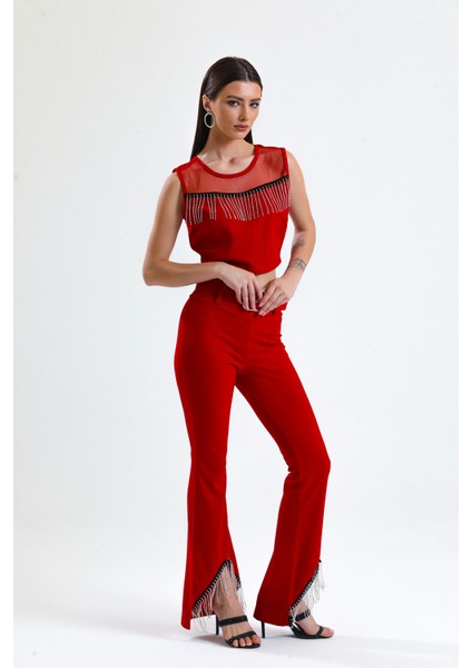 Beli Kemerli Sıralı Taş Zincir Detaylı Scuba Krep Abiye Pantolon | PNT34307 Kırmızı fiyatları