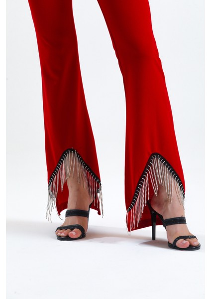 Beli Kemerli Sıralı Taş Zincir Detaylı Scuba Krep Abiye Pantolon | PNT34307 Kırmızı modelleri