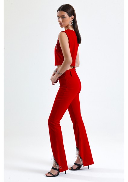 Beli Kemerli Sıralı Taş Zincir Detaylı Scuba Krep Abiye Pantolon | PNT34307 Kırmızı fırsatları