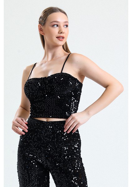 Fermuarlı Payetli Kadife Bustiyer | BUS34034 Siyah Siyah