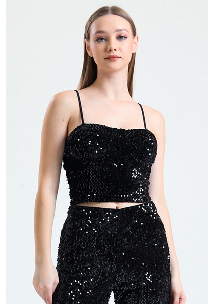 Fermuarlı Payetli Kadife Bustiyer | BUS34034 Siyah Siyah fiyatları