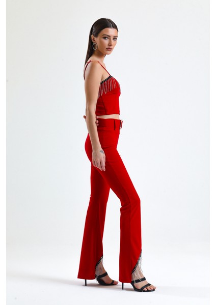 Beli Kemerli Sıralı Taş Zincir Detaylı Scuba Krep Abiye Pantolon | PNT34307 Kırmızı indirimleri