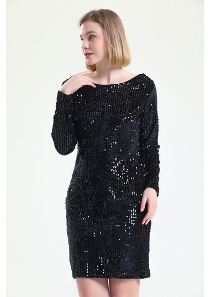 Gizli Fermuarlı Kadife Payetli Abiye Elbise | ELB32493 Siyah