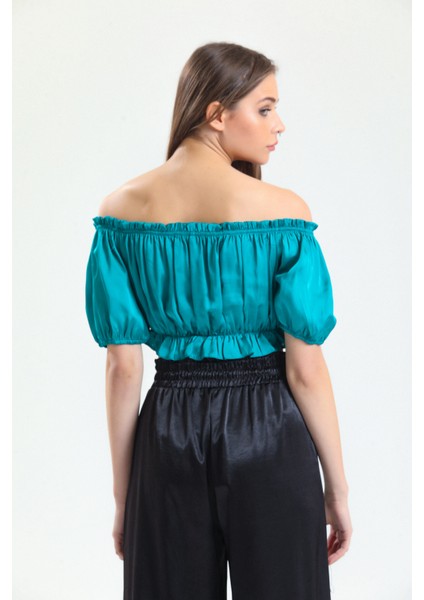 Yaka ve Etek Lastik Büzgülü Kolağzı Lastikli Saten Bluz | BLZ34216 Yesıl indirimleri