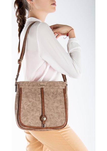 Cilt 2 Bölmeli Kapaklı Fermuarlı Vizon Taba Kadın Omuz Çantası