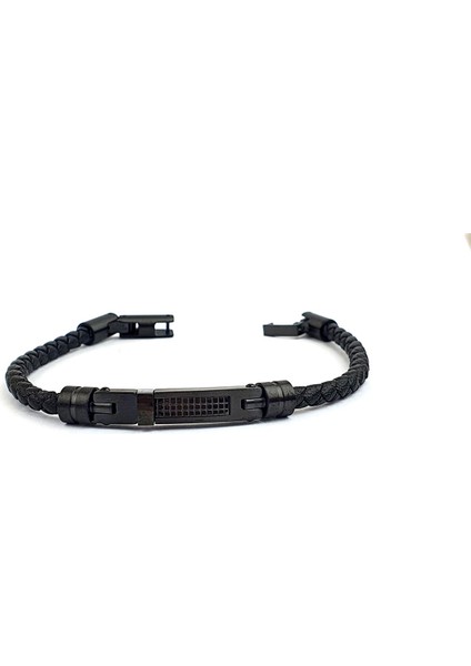 Siyah Rodajli Çelik Detaylı Siyah Deri Erkek Bileklik