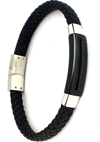 Oniks Taşlı Seramik Çelik Detaylı Siyah Deri Erkek Bileklik