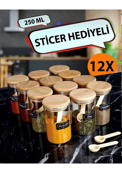 Kitchen Pembelia 12'Li Etiketli Bambuvakumlu Kapaklı 250ml Baharatlık Ve 12 Baharat Kaşık