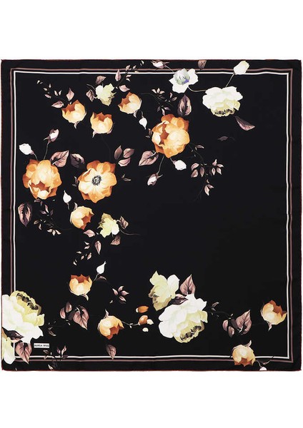 Siyah Floral Twill Ipek Eşarp