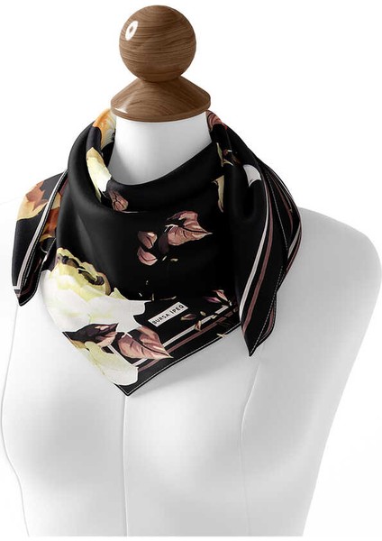 Siyah Floral Twill Ipek Eşarp modelleri
