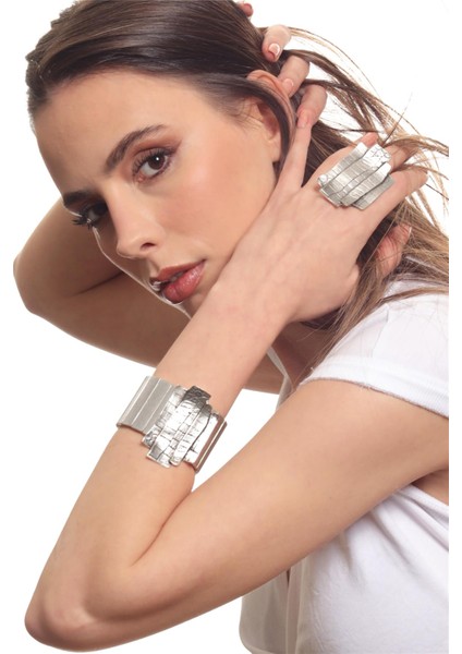 Kadın Antik Gümüş Kaplama Lastikli Geniş Bant Çubuk Parçalı Geniş Bileklik & Yüzük Seti