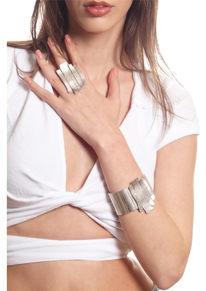 Kadın Antik Gümüş Kaplama Lastikli Geniş Bant Çubuk Parçalı Geniş Bileklik & Yüzük Seti fiyatları