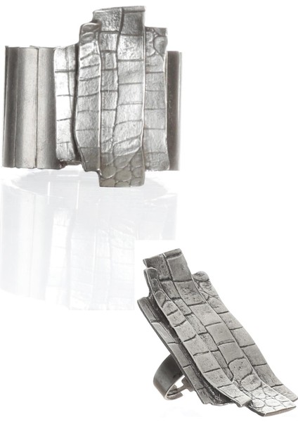 Kadın Antik Gümüş Kaplama Lastikli Geniş Bant Çubuk Parçalı Geniş Bileklik & Yüzük Seti indirimleri