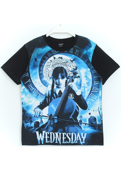 Kız Çocuk Wednesday Addams 3D Baskılı T-Shirt Siyah