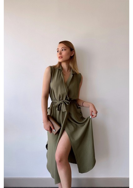Kadın Haki Kalın Askılı, Kruvaze Yaka, Düz Desen, Aerobin Yırtmaçlı, Kemerli Midi Elbise