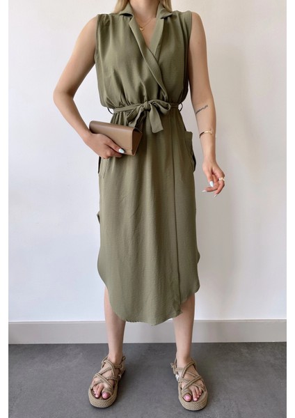 Kadın Haki Kalın Askılı, Kruvaze Yaka, Düz Desen, Aerobin Yırtmaçlı, Kemerli Midi Elbise fiyatları