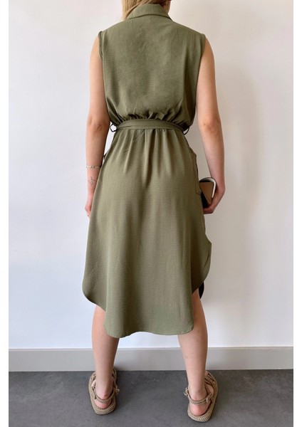 Kadın Haki Kalın Askılı, Kruvaze Yaka, Düz Desen, Aerobin Yırtmaçlı, Kemerli Midi Elbise modelleri