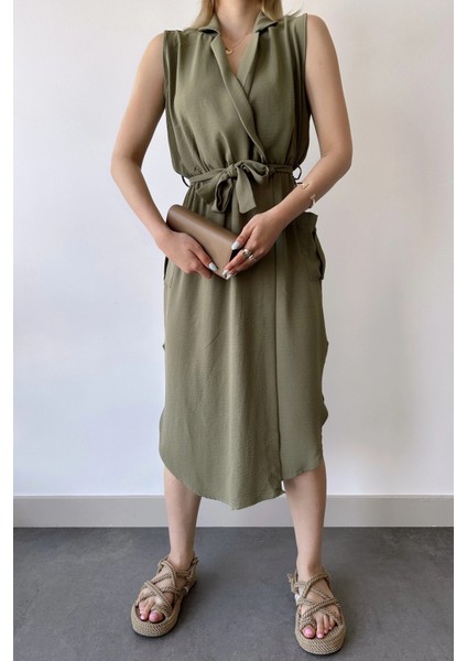 Kadın Haki Kalın Askılı, Kruvaze Yaka, Düz Desen, Aerobin Yırtmaçlı, Kemerli Midi Elbise fırsatları