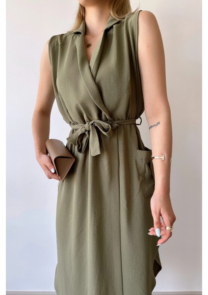 Kadın Haki Kalın Askılı, Kruvaze Yaka, Düz Desen, Aerobin Yırtmaçlı, Kemerli Midi Elbise indirimleri