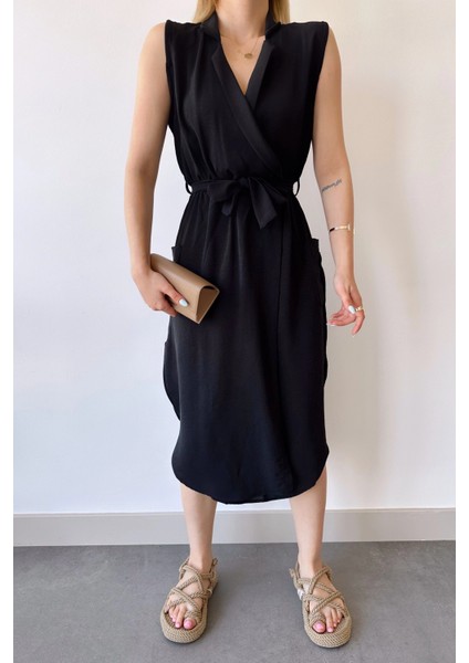 Kadın Siyah Kalın Askılı, Kruvaze Yaka, Düz Desen, Aerobin Yırtmaçlı, Kemerli Midi Elbise indirimleri