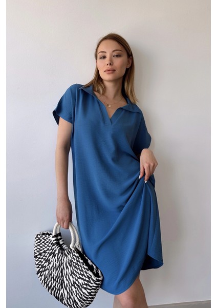 Kadın Indigo Kısa Kol, Polo Yaka, Dokulu Desen, Basic Kalıp/kesim, Aerobin Rahat Midi Elbise
