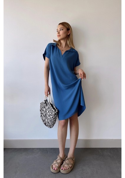 Kadın Indigo Kısa Kol, Polo Yaka, Dokulu Desen, Basic Kalıp/kesim, Aerobin Rahat Midi Elbise fiyatları