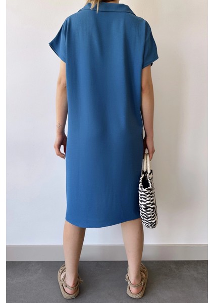 Kadın Indigo Kısa Kol, Polo Yaka, Dokulu Desen, Basic Kalıp/kesim, Aerobin Rahat Midi Elbise modelleri