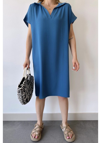 Kadın Indigo Kısa Kol, Polo Yaka, Dokulu Desen, Basic Kalıp/kesim, Aerobin Rahat Midi Elbise fırsatları