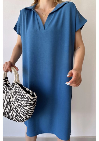 Kadın Indigo Kısa Kol, Polo Yaka, Dokulu Desen, Basic Kalıp/kesim, Aerobin Rahat Midi Elbise indirimleri