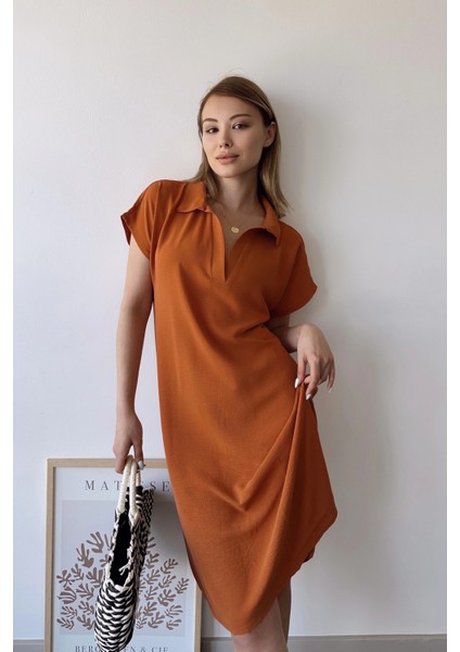 Kadın Kiremit Kısa Kol, Polo Yaka, Dokulu Desen, Basic Kalıp/kesim, Aerobin Rahat Midi Elbise