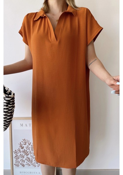 Kadın Kiremit Kısa Kol, Polo Yaka, Dokulu Desen, Basic Kalıp/kesim, Aerobin Rahat Midi Elbise modelleri