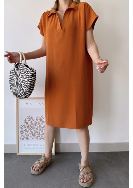 Kadın Kiremit Kısa Kol, Polo Yaka, Dokulu Desen, Basic Kalıp/kesim, Aerobin Rahat Midi Elbise indirimleri