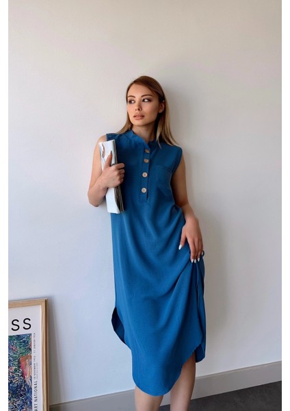 Kadın Indigo Kolsuz, Dik Yaka, Düz Renk Desen, Tek Cepli, A-Line Kesim, Düğme Detaylı Midi Elbise