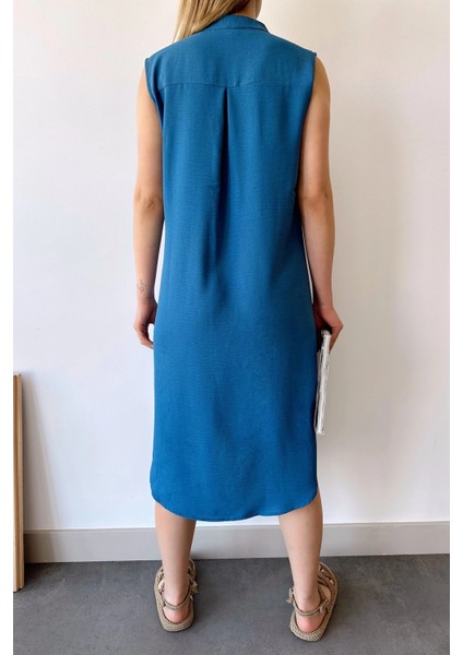 Kadın Indigo Kolsuz, Dik Yaka, Düz Renk Desen, Tek Cepli, A-Line Kesim, Düğme Detaylı Midi Elbise modelleri