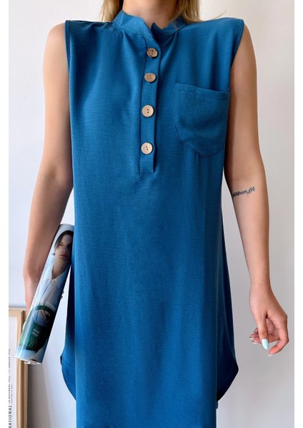 Kadın Indigo Kolsuz, Dik Yaka, Düz Renk Desen, Tek Cepli, A-Line Kesim, Düğme Detaylı Midi Elbise fırsatları