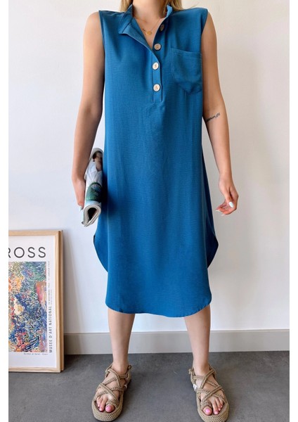 Kadın Indigo Kolsuz, Dik Yaka, Düz Renk Desen, Tek Cepli, A-Line Kesim, Düğme Detaylı Midi Elbise indirimleri