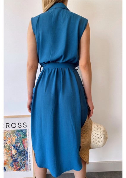 Kadın Indigo Kalın Askılı, Kruvaze Yaka, Düz Desen, Aerobin Yırtmaçlı, Kemerli Midi Elbise indirimleri