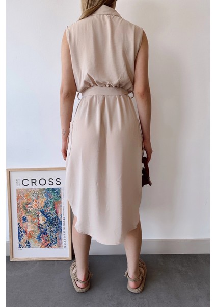 Kadın Bej Kalın Askılı, Kruvaze Yaka, Düz Desen, Aerobin Yırtmaçlı, Kemerli Midi Elbise modelleri