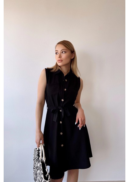 Kadın Siyah Kolsuz, Gömlek Yaka, Düz Desen, Çift Cep, A-Line Kesim, Aerobin, Kuşaklı Midi Elbise