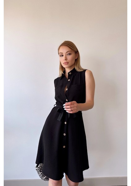Kadın Siyah Kolsuz, Gömlek Yaka, Düz Desen, Çift Cep, A-Line Kesim, Aerobin, Kuşaklı Midi Elbise fiyatları